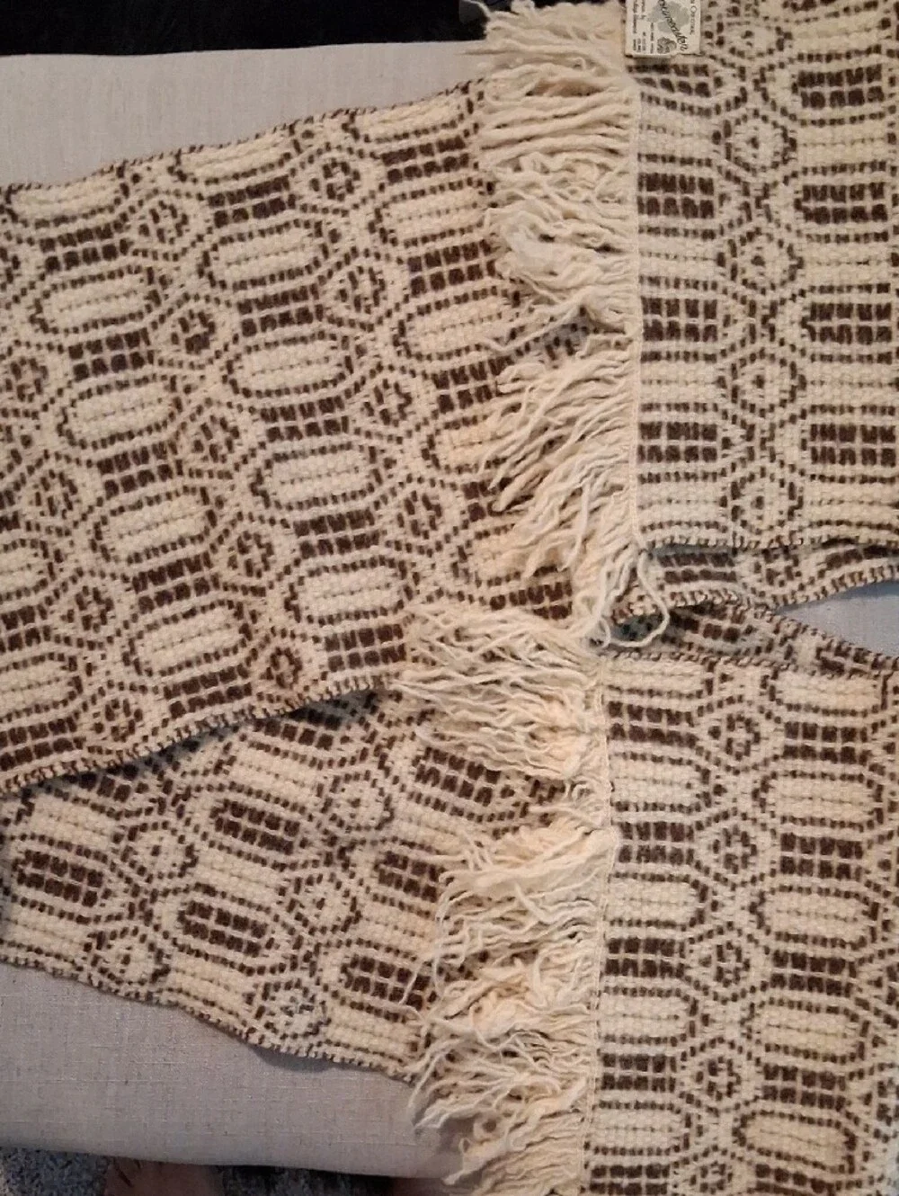 DownEast Cream and Brown Patterned Fringe Scarf
